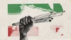 Photo collage of a woman's raised fist, holding a bundle of paint brushes. In the background, there is a ripped screen print of the Iranian flag.