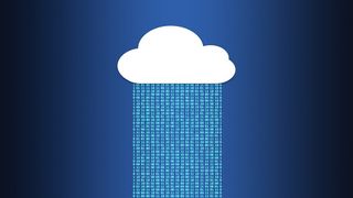 A representational image of a white cloud raining data on a blue background.