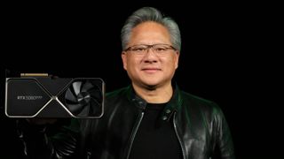 Nvidia CEO Jensen Huang holding graphics card with words "RTX 5080???" on front with black backdrop