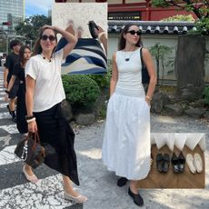 a collage of images featuring Anna LaPlaca wearing travel-friendly outfit staples while on vacation