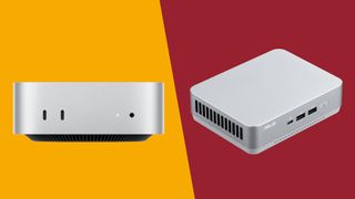 The Apple Mac mini M4 and Asus NUC 14 Pro Plus on a split-color red and yellow background.