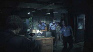 Resident Evil 2 screenshot of Leon Kennedy shooting zombies at Raccoon City Police Department