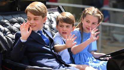 Prince George, Prince Louis and Princess Charlotte in the carriage procession at Trooping the Colour during Queen Elizabeth II Platinum Jubilee on June 02, 2022 in London, England