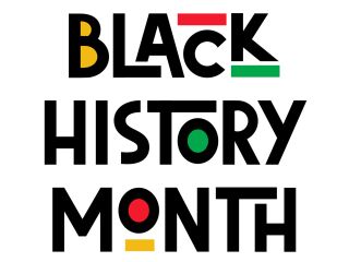 Black History Month text graphic with yellow, red and green accents