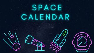 Graphic illustration with &#039;space calendar&#039; in large blue neon letters and 2023 below it in smaller white letters. Below the title are four neon images depicting a meteor or comet, a telescope, a rocket launch and an astronaut&#039;s helmet. There is a starry background to the entire image. 