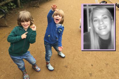 Two little boys at an animal park with a picture of their mother in the corner