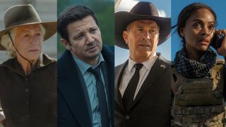 From left to right: Helen Mirren in 1923, Jeremy Renner in The Mayor of Kingstown, Kevin Costner on Yellowstone and Zoe Saldana in Lioness.