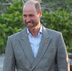 Prince William wearing a gray blazer and blue shirt and smiling