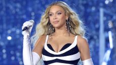 Beyonce wearing a black and white striped gown