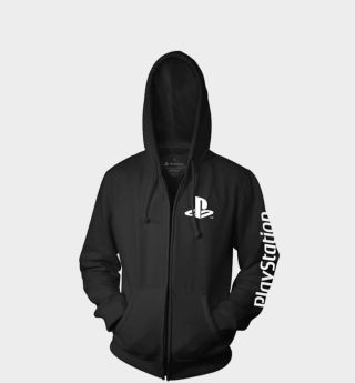 Black and white PlayStation hoodie against a plain background