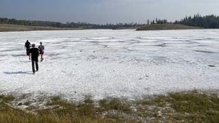 Three researchers walk out onto the salty crust left behind after water has evaporated at Last Chance Lake in September 2022.