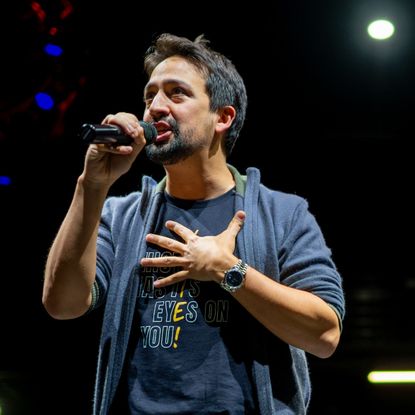 American composer Lin-Manuel Miranda speaks at a "Get Out The Vote" rally on October 18, 2022 in Houston, Texas. With less than three weeks away from the midterm election, Democratic gubernatorial candidate Beto O'Rourke and other candidates continue campaigning across the state of Texas leading up to the November 8 midterm election. 