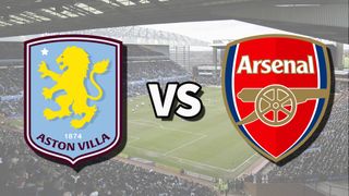 The Aston Villa and Arsenal club badges on top of a photo of Villa Park stadium in Birmingham, England, the venue for the Aston Villa vs Arsenal live stream