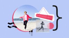 Photo collage of a woman using a skip ropeon the beach, another woman running along a hiking trail, and a product shot of a yoga mat.