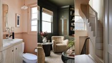 pink powder room, dark green home office, beige stairwell