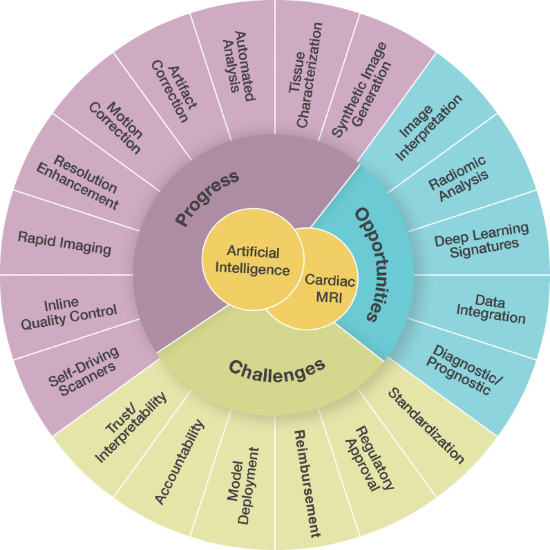 Diagram shows the progress, opportunities, and current challenges in the use of artificial intelligence in cardiac MRI.