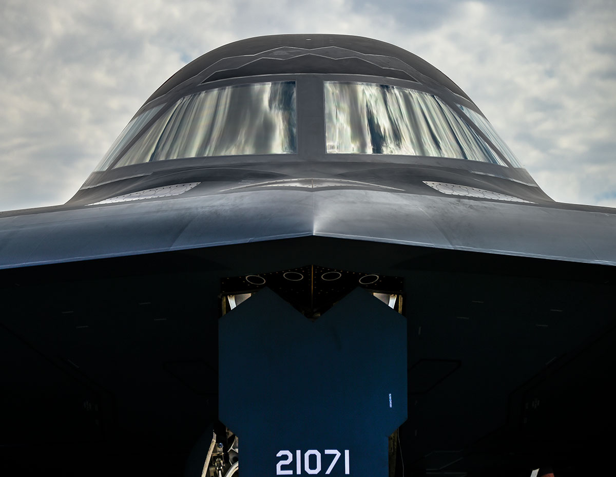 front of B-2 Spirit stealth bomber