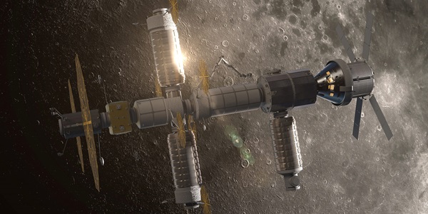 futuristic spacecraft above the moon