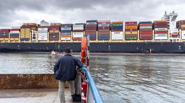 Em Santos, um homem observa um cargueiro de Hong Kong sendo rebocado pelo canal do Porto de Santos. São Paulo, 17 de setembro de 2021 - Sputnik Brasil