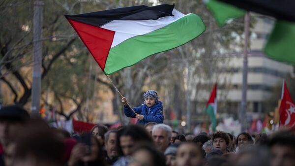 Menino agita bandeira palestina enquanto manifestantes marcham durante protesto em apoio aos palestinos e pedem um cessar-fogo imediato em Gaza. Barcelona, Espanha, 20 de janeiro de 2024 - Sputnik Brasil