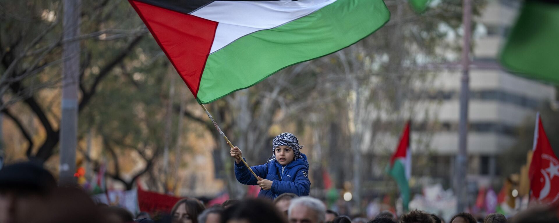 Menino agita bandeira palestina enquanto manifestantes marcham durante protesto em apoio aos palestinos e pedem um cessar-fogo imediato em Gaza. Barcelona, Espanha, 20 de janeiro de 2024 - Sputnik Brasil, 1920, 15.10.2024