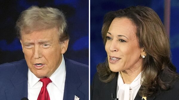 Combinação de fotos mostra o candidato presidencial republicano, Donald Trump, e a candidata presidencial democrata, Kamala Harris, durante o debate presidencial da ABC News, na Filadélfia. EUA, 10 de setembro de 2024 - Sputnik Brasil