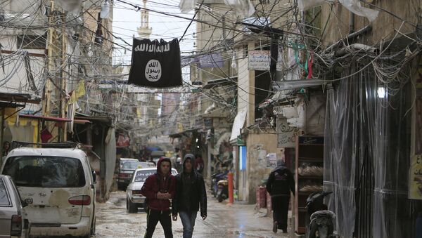 Youth walk under an Islamic State flag in Ain al-Hilweh Palestinian refugee camp, near the port-city of Sidon, southern Lebanon January 19, 2016 - Sputnik Brasil