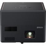 The photo shows the Epson Projectors - Multimedia Epson EF-12 mini Laser Smart Projector 33137J. It is a compact, sleek black device with a rounded rectangular shape. The top is adorned with the Epson logo and simple control buttons, while the back features various ports for connectivity. A bright laser light can be seen projecting from the front of the projector, showcasing its impressive display capabilities. Overall, the projector exudes modernity and high-tech functionality.