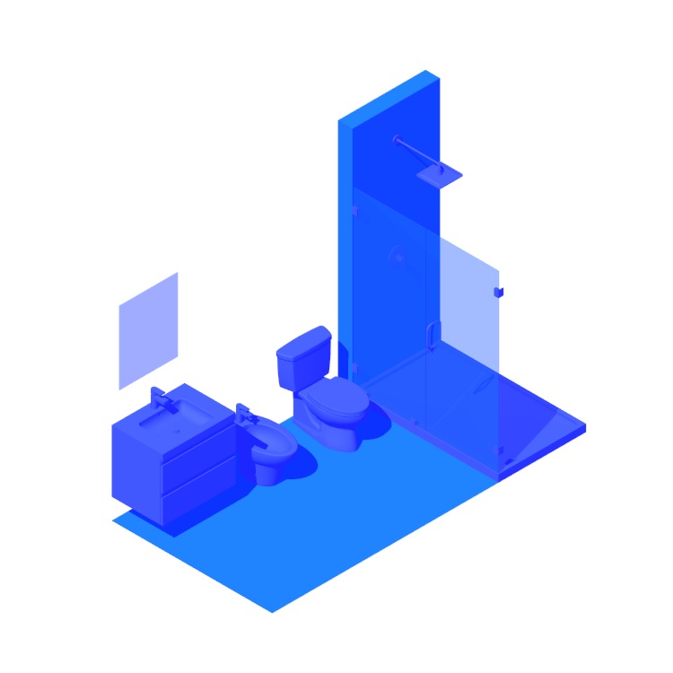 3D model of the 1-Wall Bidet Three-Quarter Bathroom viewed in perspective