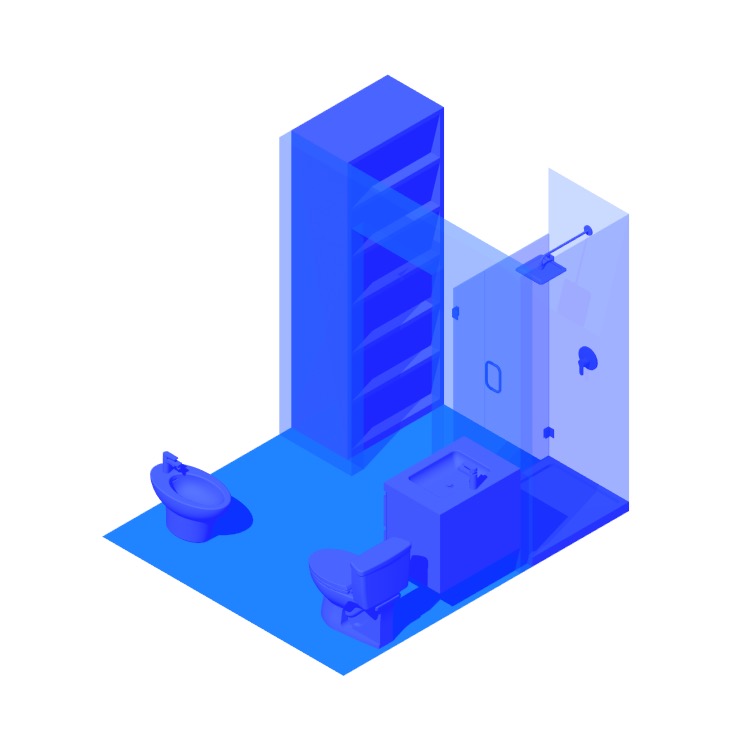 Perspective view of a 3D model of the Split Bidet Center 2-Wall Three-Quarter Bathroom