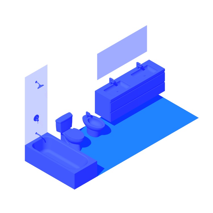 Perspective view of a 3D model of the 1-Wall Bidet Primary Bathroom