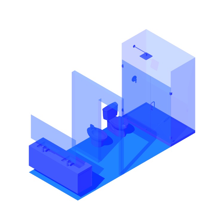 Perspective view of a 3D model of the Split 2-Wall Center Shower & Bidet Primary Bathroom