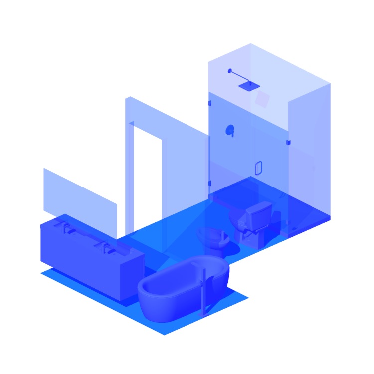 Perspective view of a 3D model of the Split Bidet 2-Wall Center Luxury Primary Bathroom