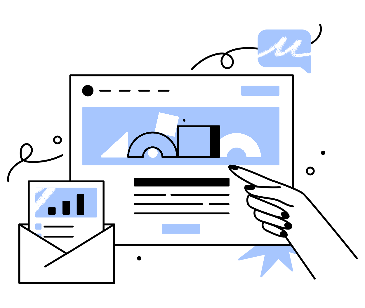 Illustration showing a computer, hand with a finger pointing, an envelope, and various decorative elements