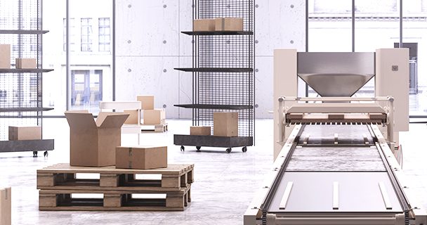 The interior of a contemporary warehouse with empty boxes and no human personnel | Sourcengine