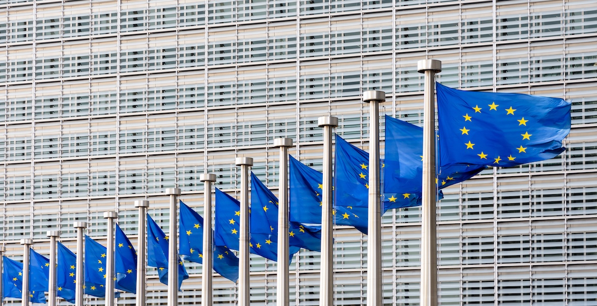 An image of several EU flags flying outside the government building in Brussels 