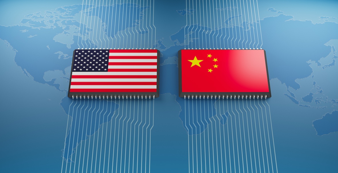 An image of the American and Chinese flags on chips