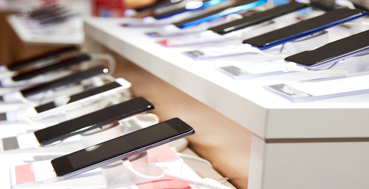 An image of smartphones on display in a store 