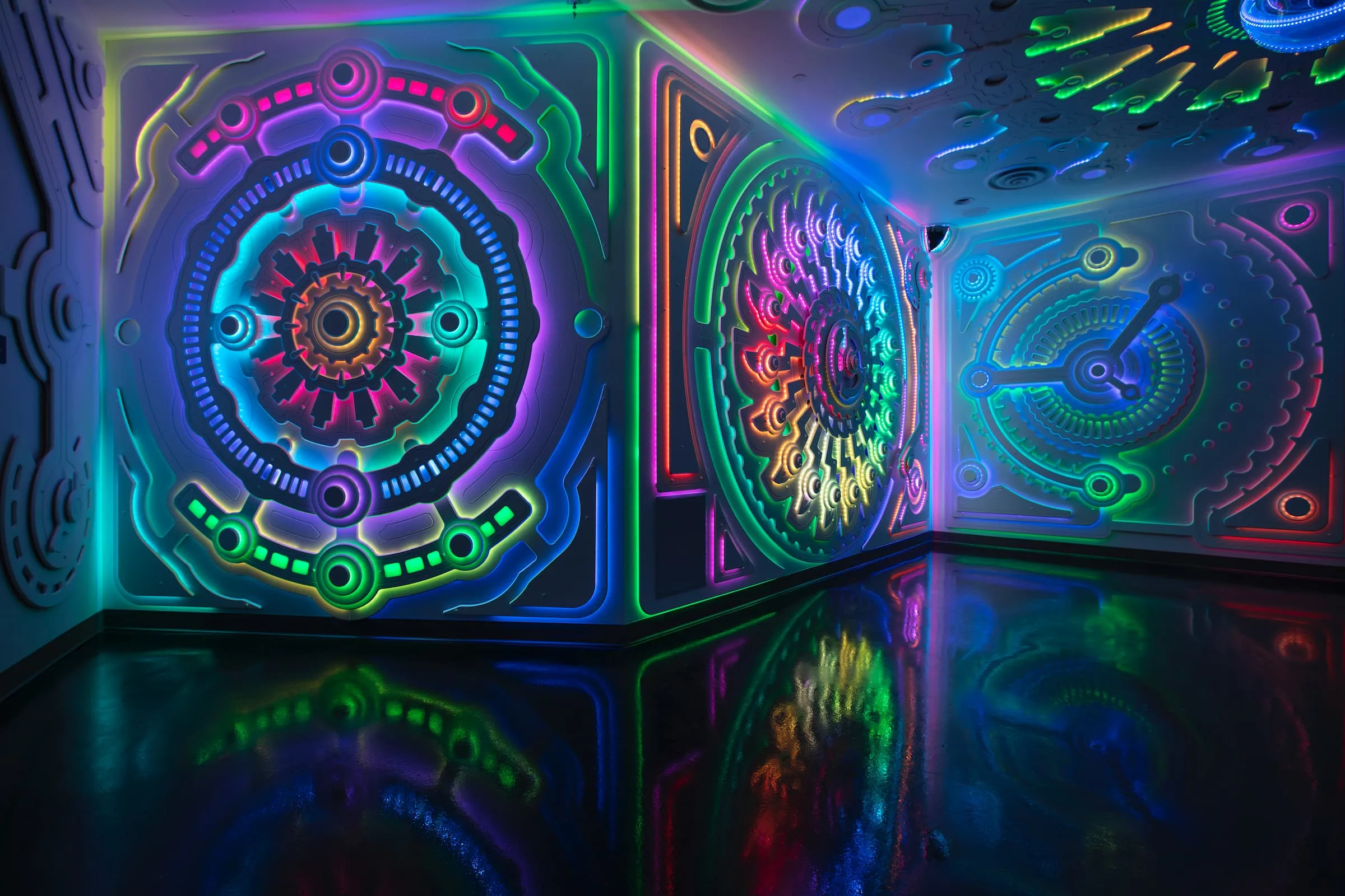 inside a multi-colored massive whirlitzer jukebox, the room known as Juke Temple at Meow Wolf Las Vegas