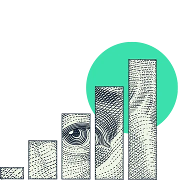 Illustration of bar chart with an eye inside of the chart and a decorative green cirlce in the background