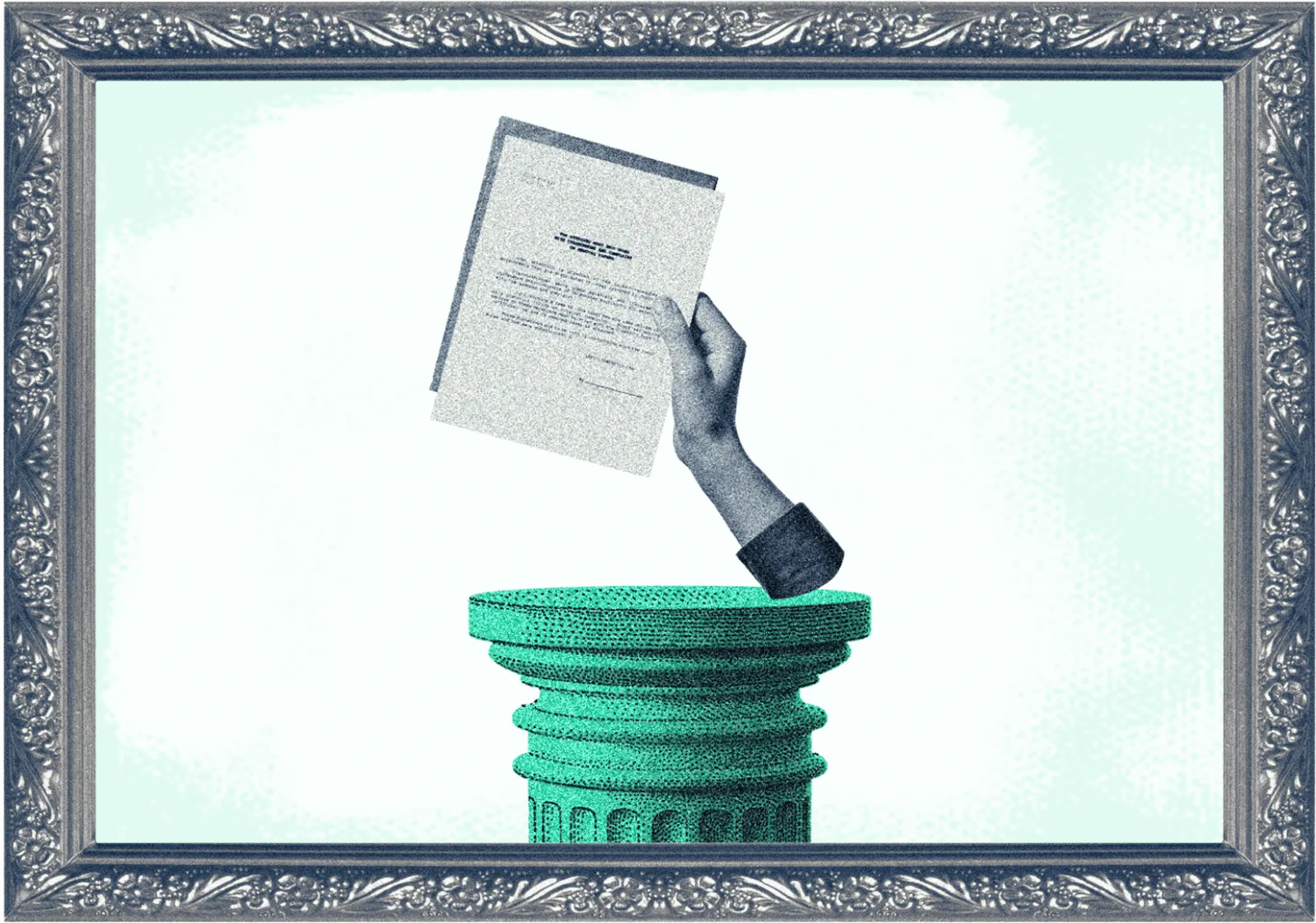 A collage of a hand holding a document on top of a green pedestal