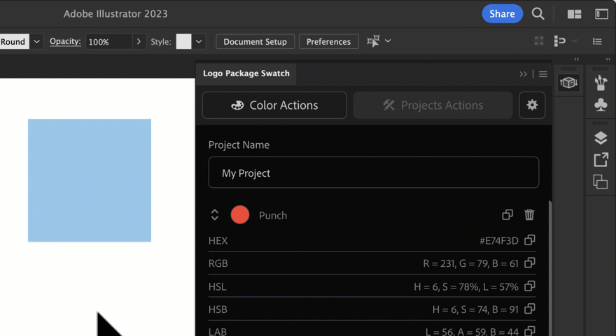 GIF showing the customization of color information gathered by Logo Package Swatch