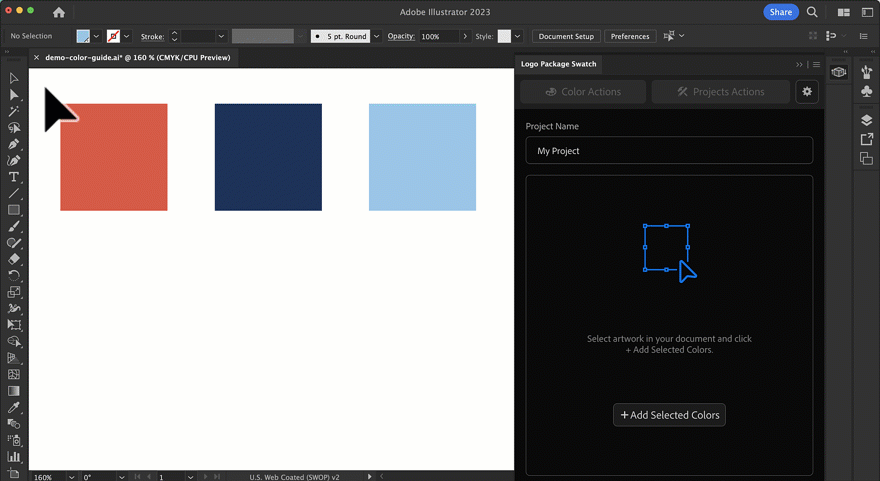 Gif showing how to copy color information from Logo Package Swatch