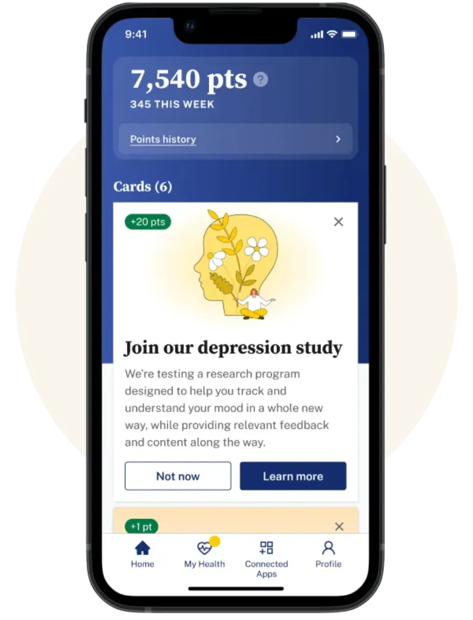 A screenshot on a phone showcasing the home screen of the Evidation app; it lists the users points at the top and potential studies to join, the study shown is a card that says "Join our depression study".