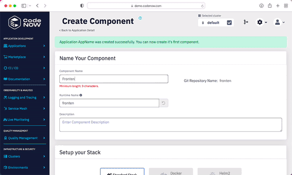 CodeNOW screen with stack setup