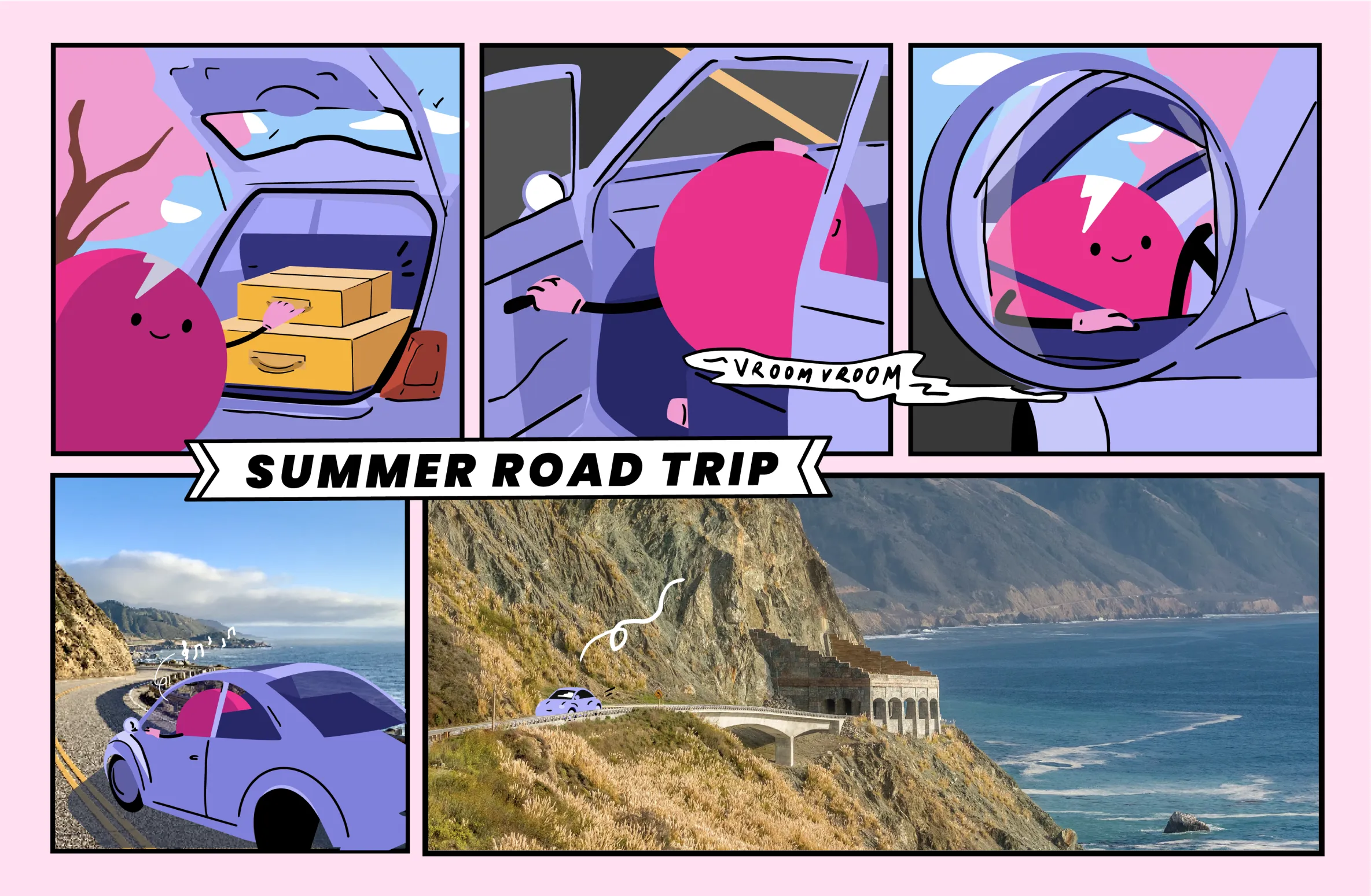 a cartoon of a car driving down a road next to the ocean