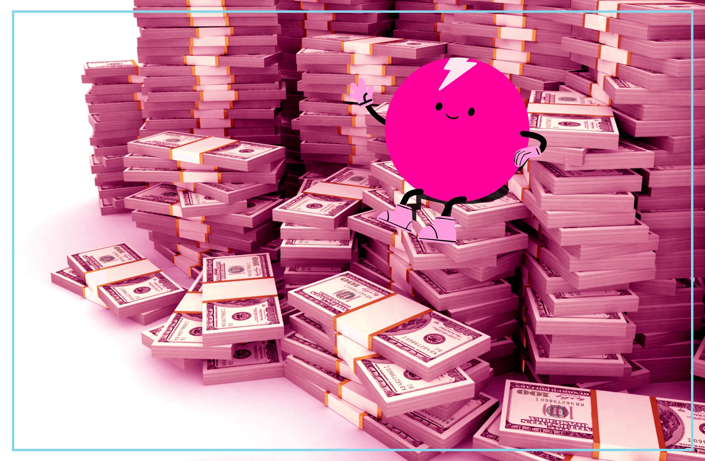 a pile of money with a cartoon character on top of it