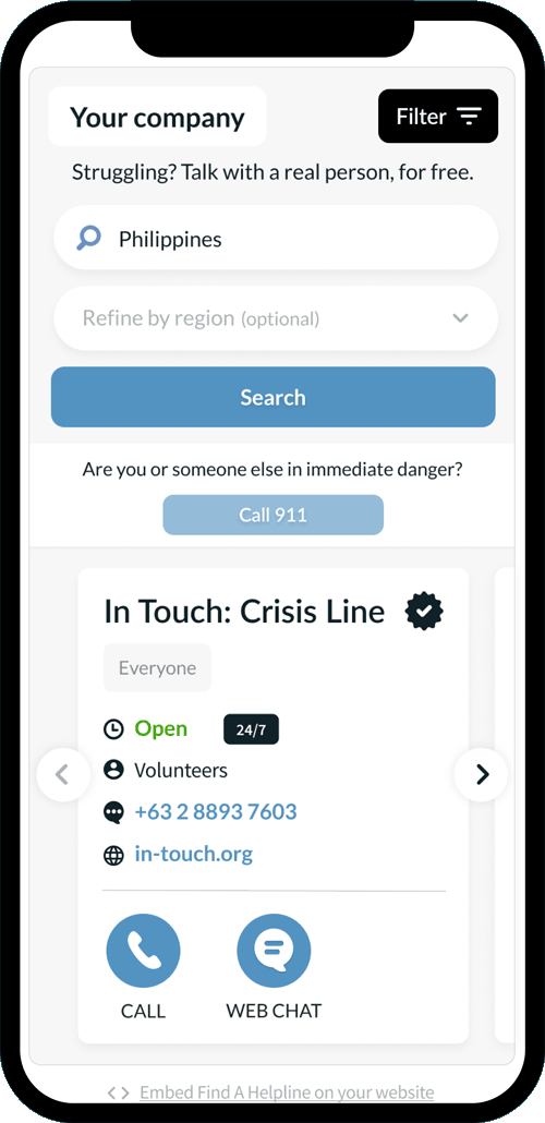 Screenshot of the througline unbranded helpline widget