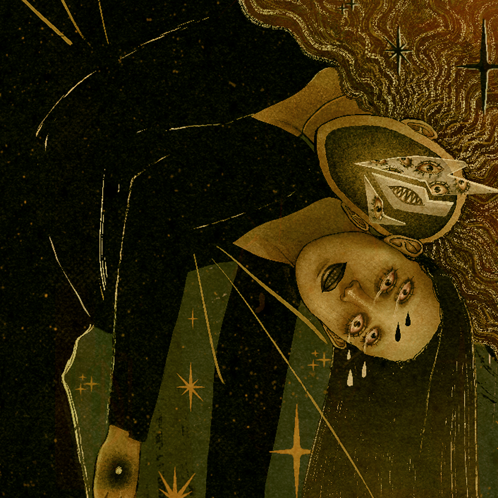 Two figures embrace against falling stars.