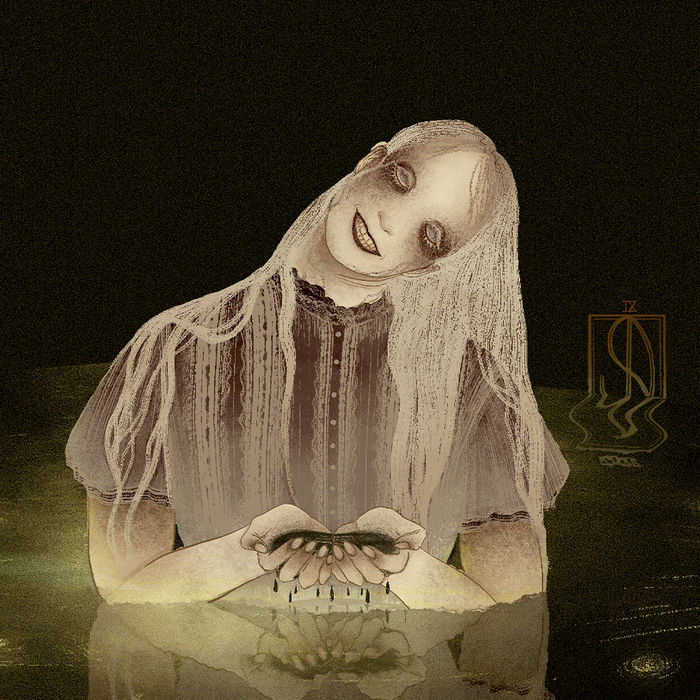 A pale woman wades into a dark lake at night, smiling eerily.